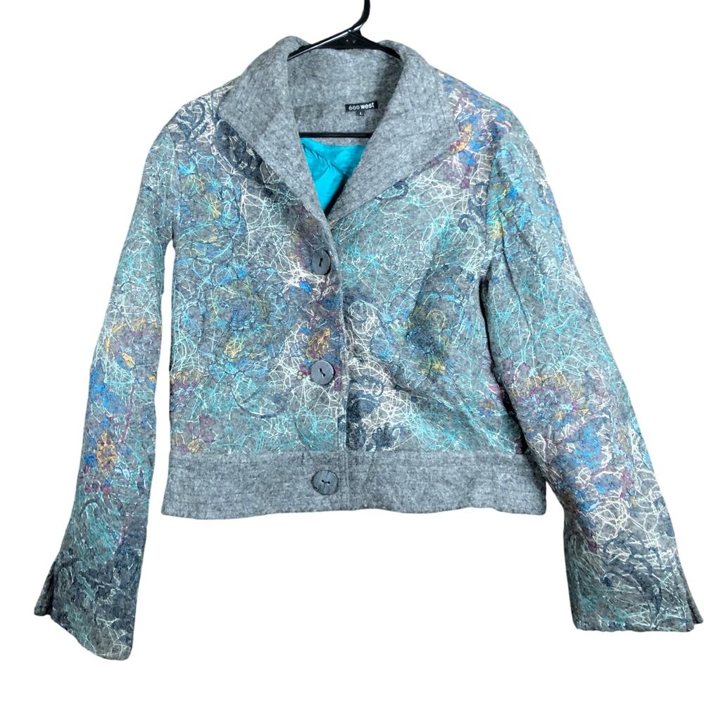 600 West Designer Womens Jacket Gray Faux Wood Buttons Wool Blend Lined Large